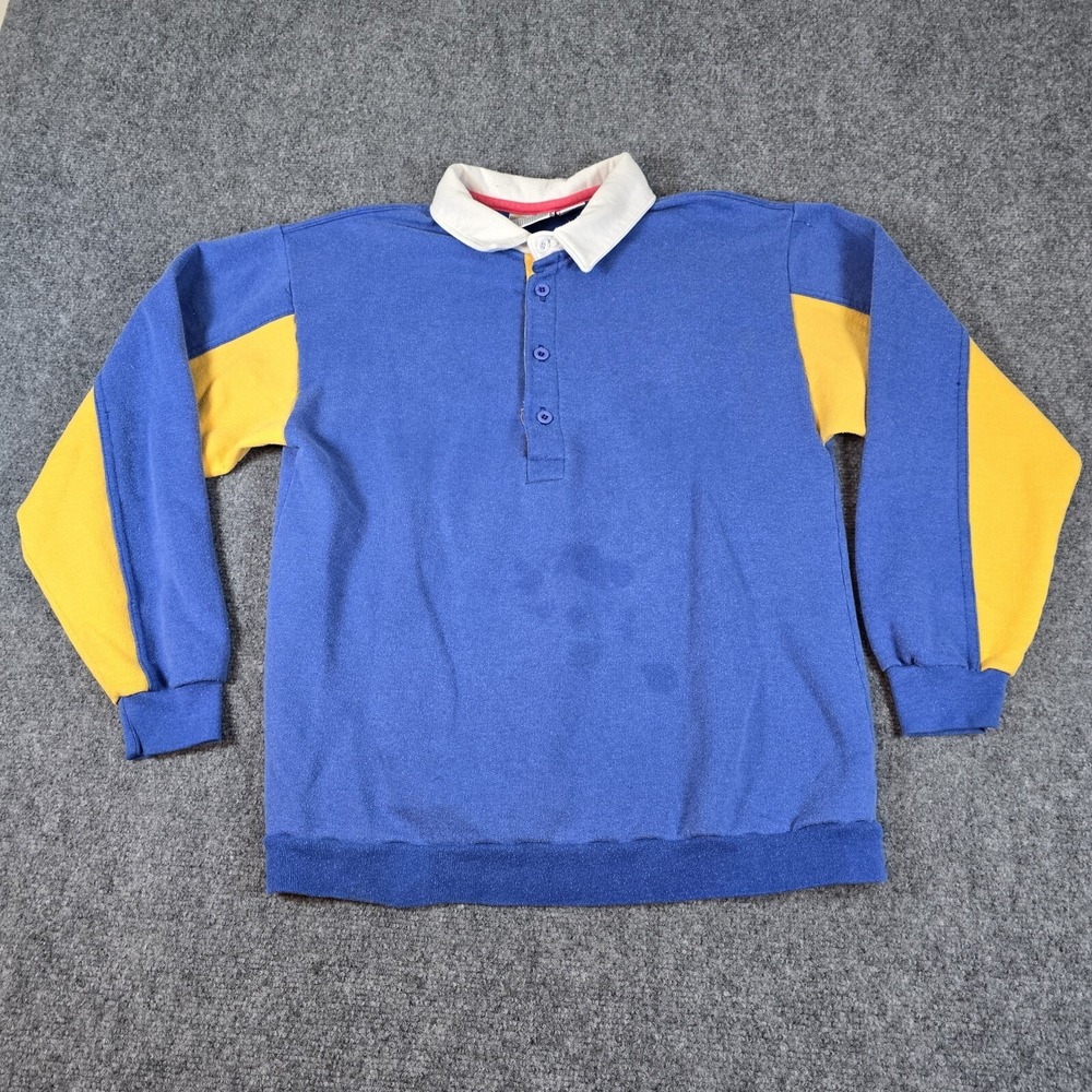 Expressions Colorblock Rugby Shirt Long Sleeve Large‎ L Button Neck Blue Yellow